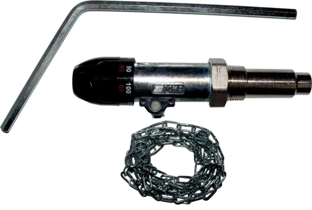 Regler von Wolf mit einem Metallgehäuse, einem verstellbaren Anschluss und einem dazugehörigen Schlüssel. Eine Kette ist ebenfalls im Lieferumfang enthalten.